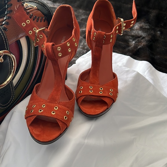 Nine West sandals. 3” heel. Buckle straps. Deep Orange/Red color #tallgirlshoes - Picture 3 of 5